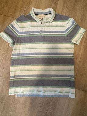 Sun + Stone Men’s Striped Polo in Blue, Green & Cream